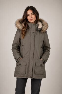 PUFFA Faux Fur Trim Hooded Parka Coat Olive Green Women’s Size 14 Large
